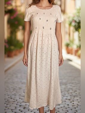 Smocked Midi Dress Cream Floral Cottagecore Boho Peasant Gessler size S